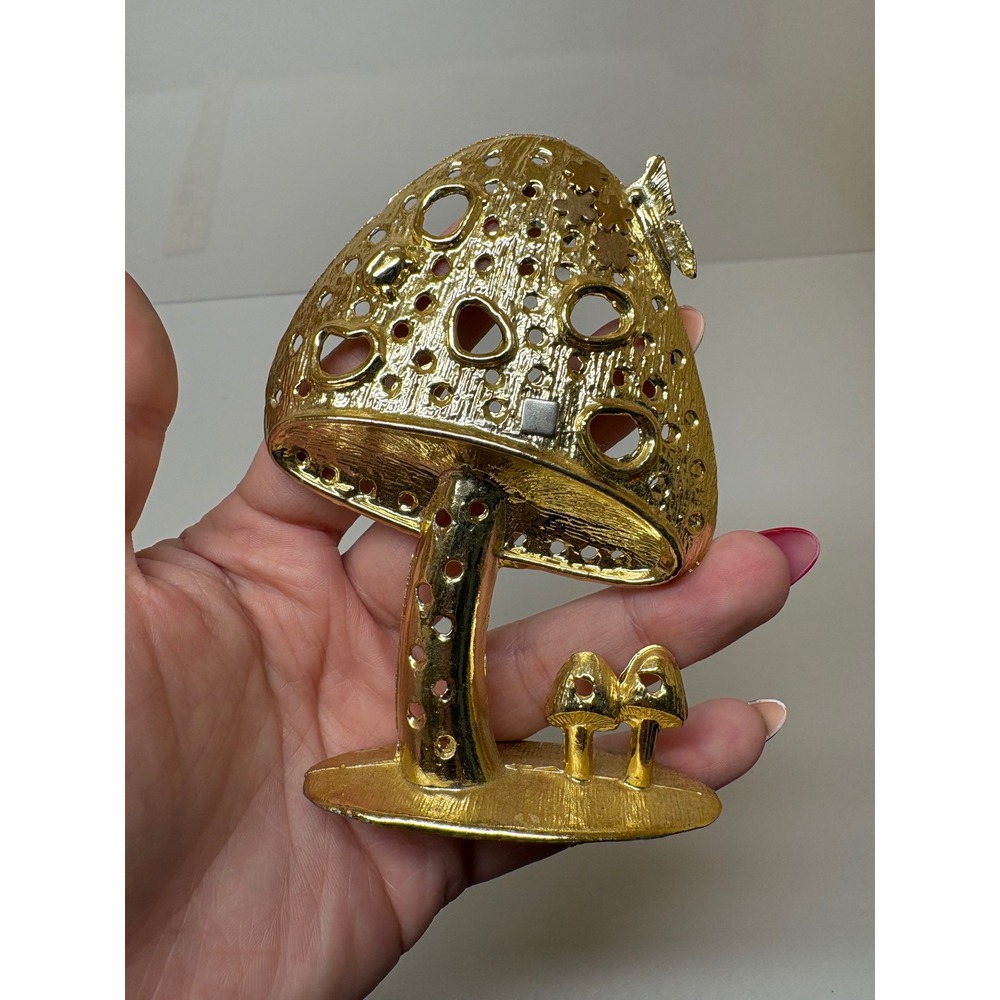 Vintage Gold Mushroom Earring Holder Stand Butterfly Flower Toadstool 70s Decor